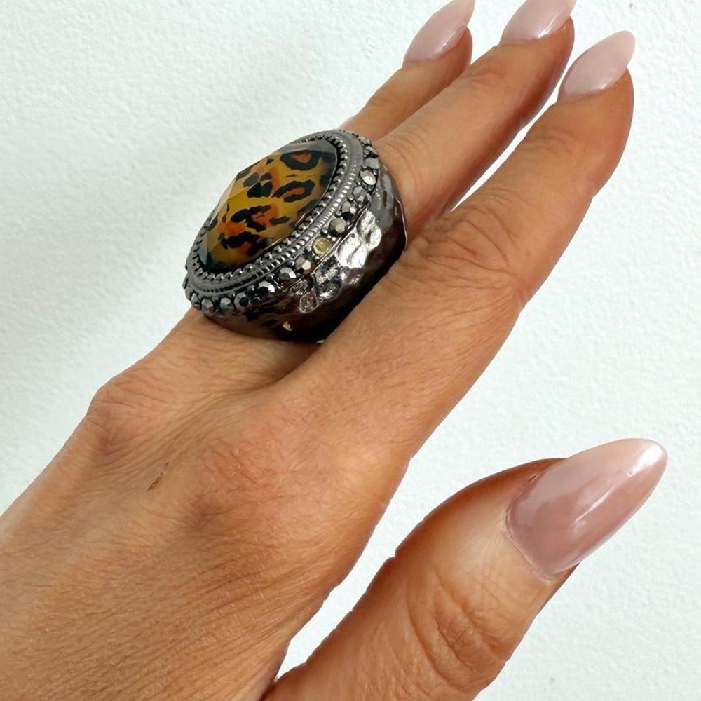 Chunky Leopard Print & Rhinestone Statement Cocktail Ring - Adjustable - Picture 2 of 8